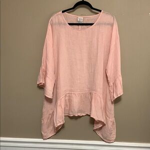 Match Point Women's 100% Linen Pink Flowy Top Large Oversized USA Lagenlook Arty